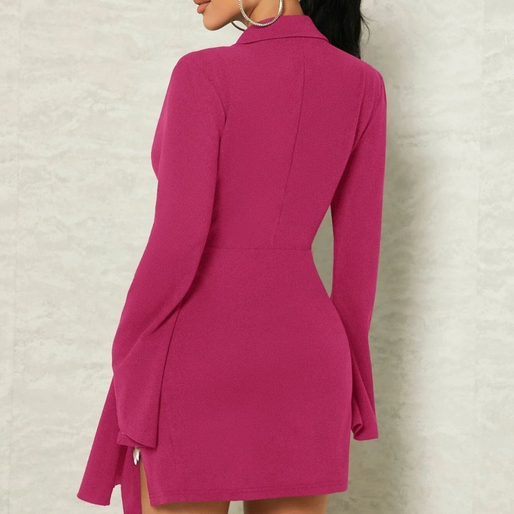 Hot Pink Sexy Womens Lapel Collar Wrap Hem Dress - Picture 2 of 5